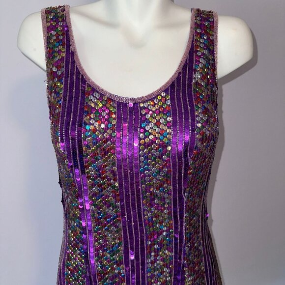 Vtg 90s Annabelle Purple Rainbow Sequin Mini Dress Sleeveless Silk Size Large - Picture 6 of 6